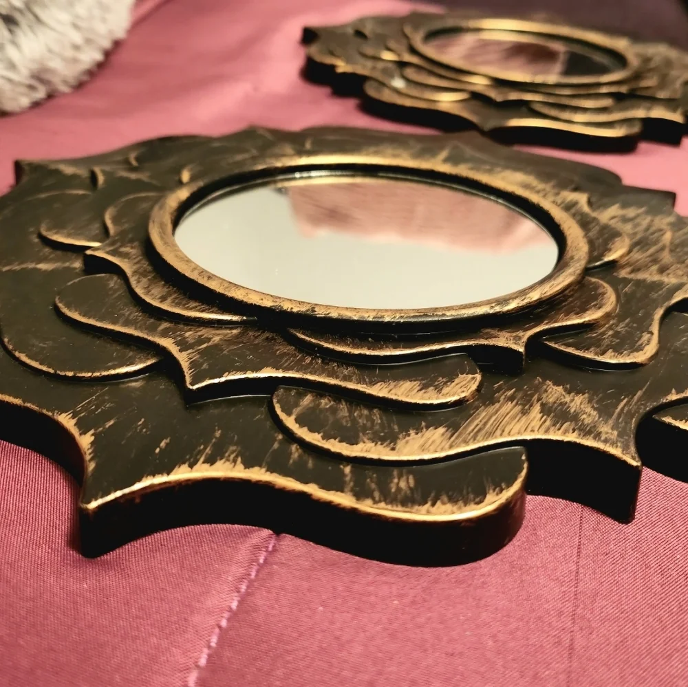 Two Matchinh Rustic Sunburst Gold and Black Decorative Wall Mirrors! 9.5x9.5